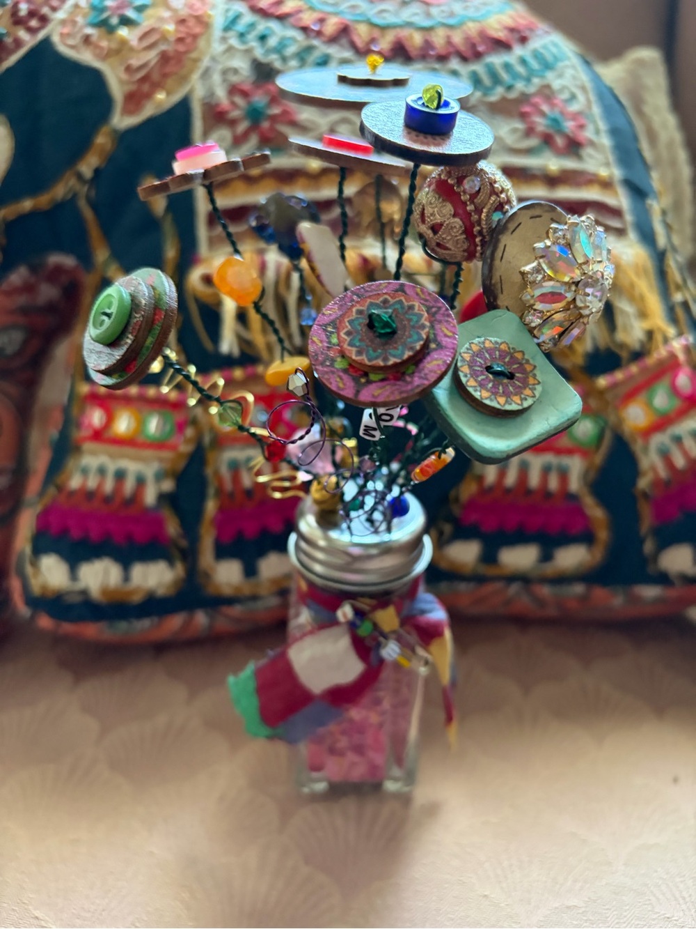 Boho Handmade Colorful Button Flower Bouquet -includes 3 buttons and container. - Picture 2 of 4